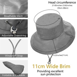 lifwimner Women's Sun Hat with Wide Brim, Foldable Sun Hats with Ponytail Waterproof Boonie Hat for Summer Beach Camping Safari Garden Fishing, gray, M