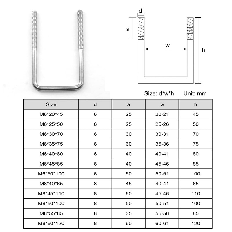 304 Stainless Steel Square U Bolt M8 x 55 x