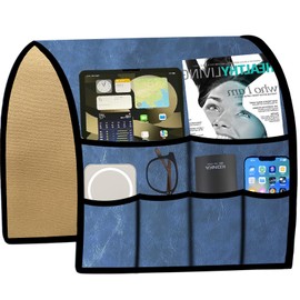Ntomtuex PU Leather Remote Control Holder for Sofa Armrest Organizer Non-Slip Arm Chair Caddy for Recliner Sofa Caddy Storage with 6 Pockets for Glass Phone TV Remote Control Magazines, Dark Blue