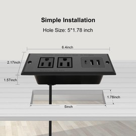 Recessed Power Strip Hidden USB Mountable Outlet for Desk Home, Wall Mount Power Outlet Strip with USB-C USB-A Port, 12A 125V 1500W, 1.5m/4.92ft Extension Power Cord (Black-2*AC+2*USB-A+1*USB-C)