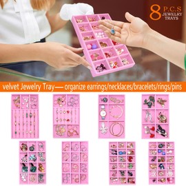 MINIBIGBOX Jewelry Trays for Drawer Orgainzer Set of 8 Stackable Velvet Jewelry Organize Display Storage Box Earring Showcase Dresser Drawer Organizer for Earring Necklace Bracelet Ring