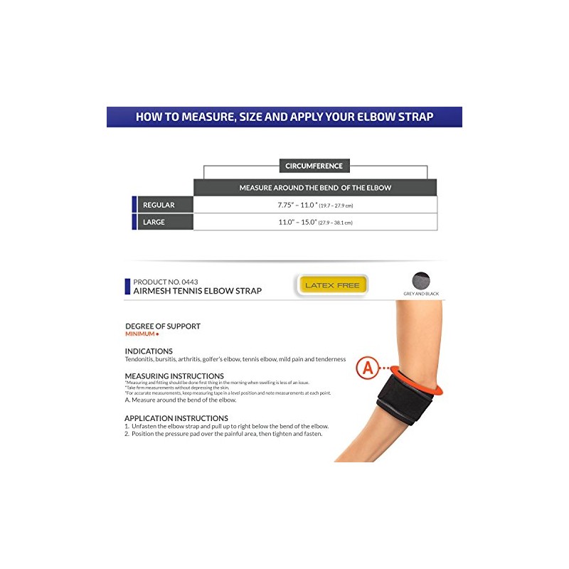 Champion Tennis Elbow Strap, Adjustable Support, Airmesh Fabric, Black, Regular