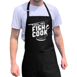 ApronMen - Reel Men Fish & Cook - Funny BBQ Apron for Dads - 1 Size Fits All Chef Quality Cotton 4 Utility Pockets, Adjustable Neck and Extra Long Waist Ties - Black Color