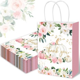 JarThenaAMCS 24Pcs Fall Thank You Gift Bags with Handle Pink White Pumpkin Rose Flowers Paper Party Favor Bag Autumn Floral Treat Goodie Bag for Thanksgiving Wedding Baby Shower