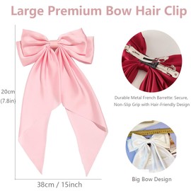 Hair Barrettes Clip 2PCS Soft Silky Satin Long Tail Hair Bows, Large Metal Clips Bowknot for Women and Girls, Big Vintage Ribbon Hair Accessories for Party and Daily Wear, Pink