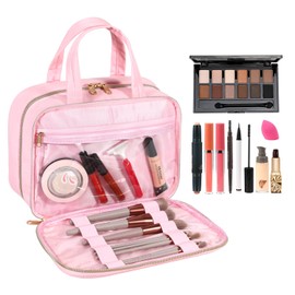 Voova Travel Toiletry Bag for Women, Hanging Wash Bag for Toiletries, Water-Resistant Ladies Cosmetic Makeup Bag Organiser for Traveling Essentials,Shampoo,Full Sized Container, Brushes Kit Set, Pink