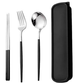 Jindizi 2 Set Portable Cutlery Set with Case Include Fork Spoon Chopsticks, Portable Travel Utensil Set, Reusable Stainless Steel Camping Utensils Set, Lunch Cutlery Set for Work School (Silver+Black)