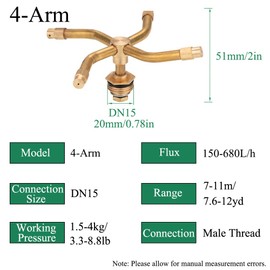 TopHomer 360 Degree Automatic Rotary Brass Sprayer, Rotation Irrigation System Sprinkler Head Household Automatic Irrigation System for Garden Yard Lawns (4-Arm)
