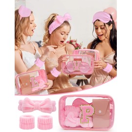 Gift Sets for Women, Initial Makeup Bag with Makeup Brush Set Bachelorette Party Favors, Pink Spa Kit with Skincare Headbands Wrist Bands Sleepover Party Supplies Gifts for Teen Girls Bridesmaid P