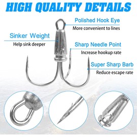 Snagging Hooks 3PCS Fishing Snagging Weighted Treble Hooks Large Treble Bunker Fishing Hooks for Baitfish Trout Bass 30g/40g/60g/80g (8/0-3PCS)