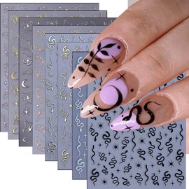 8 Sheets Snake Nail Art Stickers Gold Silver Star Snake Butterfly Nail Decals 3D Self-Adhesive Laser Gold Silver Black Star Moon Snake Nail Design Nail Supplies for Women Girls Manicure Decorations