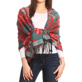 Sakkas 1755 - Aurora Floral Rose Pashmina Scarf Shawl with Fringe Super Warm Soft Vegan - Jadegreen/red - OS