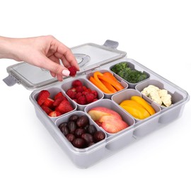 KEYVOZ Snackle Box Container with Lid- Travel Charcuterie Box with Handle - Organizer for Candy, Fruit, Nuts, Veggies, Snacks, Beach Essentials, Portable Lunch Box (Grey, Large)