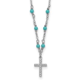 Million Charms 925 Sterling Silver Rhodium-plated CZ Religious Cross & Synthetic Turquoise with 2in ext. Necklace, 16" Length