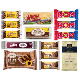 Romanian Sweet Snacks Variety Pack| 3x Eugenia Original Biscuit, 1x Nougat Candy, 1x Batonul Copilariei, 3x ROM Chocolate Bars, 1x Childhood Bar, 1x Halva, 3x Eugenia w/Cacao, 1x Glucoza