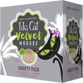 Pet Faves Tiki Cat Velvet Mousse Grain-Free Wet Food with a Silky-Smooth Texture for Adult Cats & Kittens, 2.8oz (24 Pouches), Variety with Pet Wipes 10ct