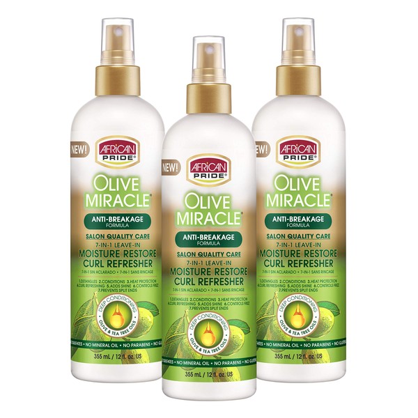 African Pride Olive Miracle 7-IN-1 Leave-In Moisture Restore Hair Curl Refresher (3 Pack), Provides Moisture & Helps Repair Natural Coils & Curls, Enriched with Olive & Tea Tree Oil, 12 oz