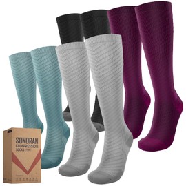 SONORAN 4 Pairs Compression Socks for Men & Women 20-30 mmHg Graduated Compression Socks Knee High Best Support for Running, Travel, Athletic L/XL（Black&Blue&Gray&Purple）
