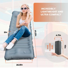 Skywin Inflatable Sleeping Pads for Camping & Airport Travels, 77 x 26 x 5 Inches Air Mattress Sleeping Bag Inflatable with 8" HeadRest Along with Pillow-Like HeadRest Camping Essentials (Grey)