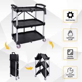 Elevon Folding Utility Cart, Portable Collapsible Service, 3 Shelf Heavy Duty Collapsible Tool with Wheels, Suitable for Office Warehouse Home, Black