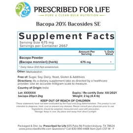 Prescribed for Life Bacopa Powder 20% | Brahmi Powder for Natural Lustrous Hair | Ayurvedic Herbal Supplements for Overall Health | Vegan, Gluten Free, Soy Free - Bacopa monnieri (4 oz / 113 g)