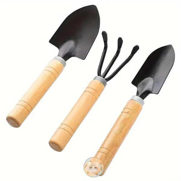 Garden Hand Tools Set, 3-Piece Wooden Handle Mini Tools with