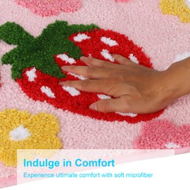 Cute Strawberry Flower Bath Mat Pink Bathroom Rugs Bathroom Accessories, Funny Non Slip Floor Bath Rug Machine Washable Bathmat Soft Microfiber Carpet for Bathtub & Shower (30x19 Inch)