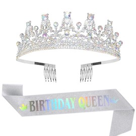 ALRBE TIN Tiara for Women Birthday, Birthday Queen Sash and Crown Set for Sister Women Girls Birthday Party Favors Decorations Silver Crowns for Women Birthday Gifts