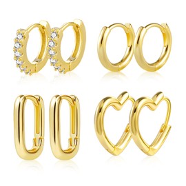 4 Pairs Small Chunky Hoop Earrings Set 14K Gold Plated Small Huggie Hoop Earrings Hypoallergenic Polished and Cubic Zirconia Oval Heart Hoops for Women