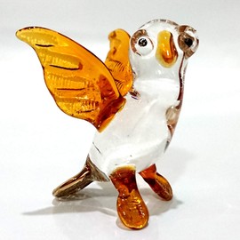 Sansukjai Owl Miniature Figurines Animals Hand Blown Glass Art Gold Trim Bird Collectible Gift Decorate, Clear Amber