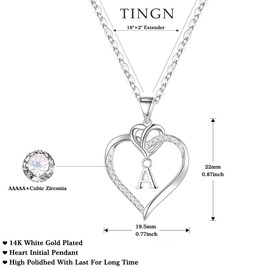 TINGN Women's Heart Necklace, Gold Silver, 14K Gold/White Gold Plated Initial Chain, Women's Cubic Zirconia Heart Pendant, Letter Chain, Anniversary, Birthday Gifts for Her, Wife, Girlfriend, Mum,
