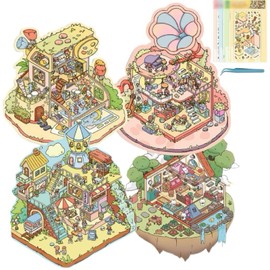 4Pcs DIY 3D Fun Mini House Stickers with Tweezers Make Your Own Sticker Supermarket Coffee Shop Restaurant Bookstore 3D House Sticker Set Funny Cartoon Scene Stickers for Relief Stress Pass The Time