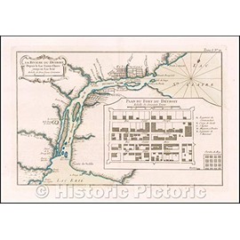 Historic Map - Detroit La Riviere Du Detroit Depuis le Lac Sainte Claire jusqu'au Lac Erie/Lake Erie, 1764, Jacques Nicolas Bellin v2 24in x 16in