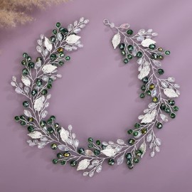 Rumtock Purple Crystals Silver Leaf Hair Vine for Wedding Brids Leaves Headband for Women Girls Vintage Banquet Events Handmade Jewelry (Dark Green)