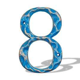 5.5 Inch House Numbers- Unique Cast Iron Metal Address/Mailbox Number for Outside or Front Door, Handmade Gold & Blue Finish (Number 8)