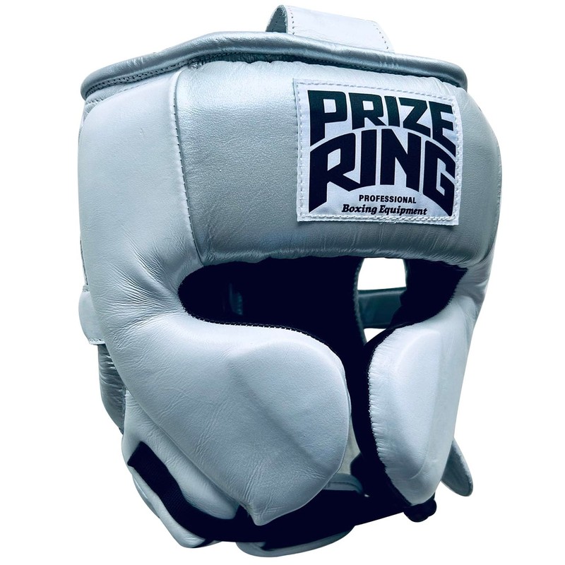 PRIZE RING "Professional SS" Genuine Leather Headgear Silver/White Large
