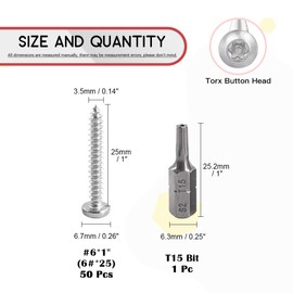 Hilitchi 50 Pcs M3.5 x 25mm Stainless Steel Button Head Torx Sheet Metal Screws Self-Tapping Security Silver Screws Anti-Theft Tamper Proof with Bit T15