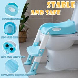 EGREE Potty Training Toilet Chair Seat with Step Stool Ladder for Kids and Toddler Boys Girls - Foldable Height Adjustable Children Toilet Training Seat with Safe Handles & Anti-Slip Pads, Blue-White