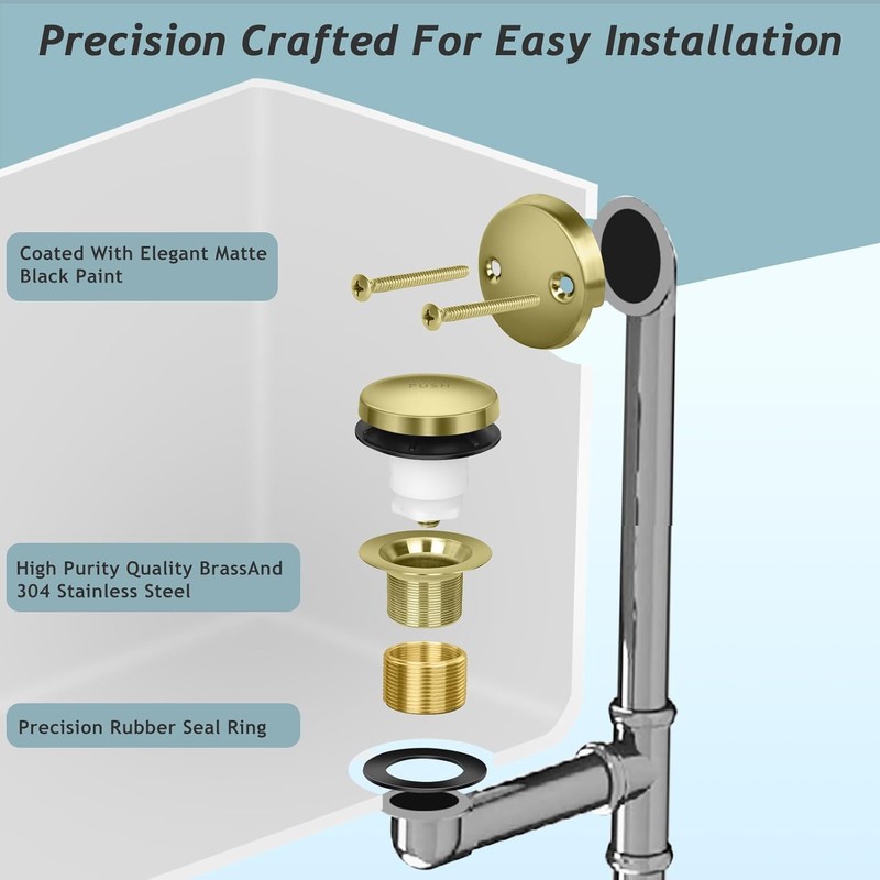 Tip-Toe Bathtub Drain Kit with Two-Hole Overflow Plate, Premium Quality