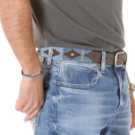 PELPE Argentine Leather Belt with Matching Cord and Leather Wristband Embroidered Leather Belt for Men and Women Argentine Polo Belt, Blue-Beige-02