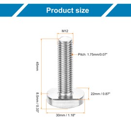 sourcing map 2Pcs T Slot Drop-in Bolt, M12 x 45mm T-Slot Bolts 304 Stainless Steel t Shape Stud Sliding Screw Hammer Head T-Bolt for Track Aluminum Alloy Rack Assembly