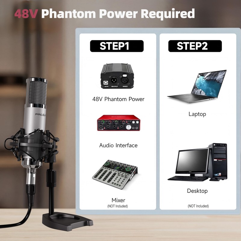PROAR Studio Microphone, Professional Cardioid XLR Condenser Recording Mic Voice