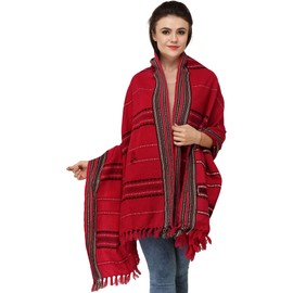 Exotic India Shawl from Nagaland with Woven Border and Thread Weave - Color High Risk Red