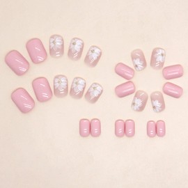 Short Press on Nails Pink Fake Nails Square Acrylic Nails White Flowers Glue on Nails Cute Full Cover Artificial Nails Cute Nails Glitter Stick on Nails for Women 24 Pcs