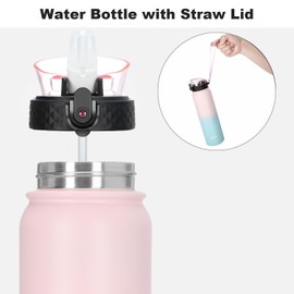 OLDLEY Stainless Steel Water Bottle with Straw 1L Vaccum Insulated Large Drink Flask Metal Water Bottles 1 Litre Leakproof Keep Drinks Hot Cold for Bike Camping Sports Gym(Pink Blue, 1 Lid)