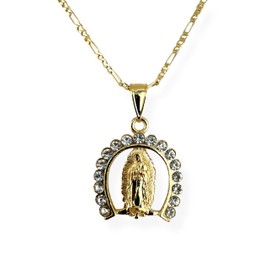 Our Lady of Guadalupe Virgin Mary Horseshoe Gold Plated Pendant Charm with Rhinestones Necklace Cadena Collar Chapa de Oro Religious Gift