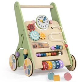 Wooden Baby Walker with Wheels, Push Walker for Baby Boy 12 Months, Baby Activity Center Sit to Stand Walker Small Size