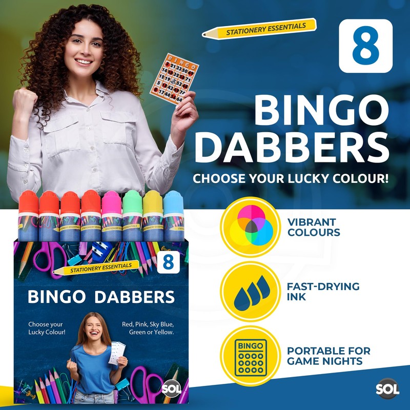 SOL 8pk Bingo Dabbers, Assorted Colour Pack, Fast-Drying Ink, Easy-Grip