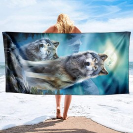 YISUMEI Moon & Wolf Beach Towels for Adults Extra Large 180 x 90 cm, Microfibre Quick Dry Towel for Travel Swimming Camping Sports