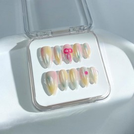 P1 - P20 Handmade Press on Nails Coffin Almond bubble bath luxury Creative design Medium Hand drawn False Nails Short Almond Nail Art Kits - STYLE: P7, SIZE: M